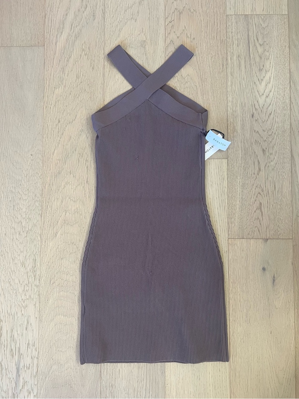 Babaton Mauve Ribbed Cross-Strap Mini Dress